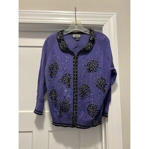 Berer Purple Bead Spider Cobwebs Halloween Cardigan sweater Size Large Teacher